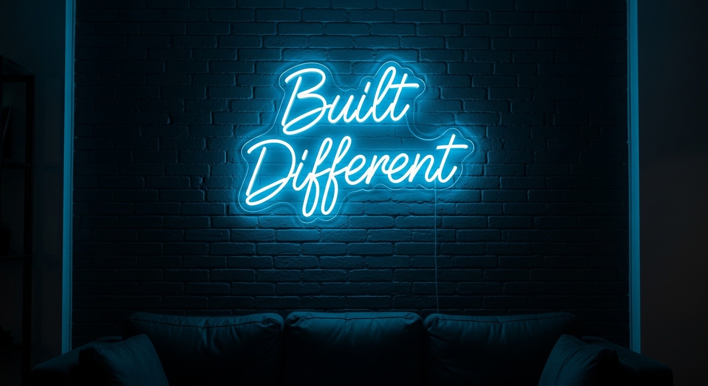 Built Different neon sign in ice blue